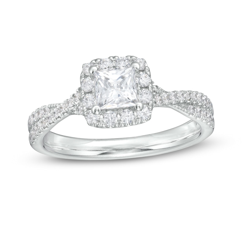 Main Image 1 of 1 CT. T.W. Certified Princess-Cut Diamond Frame Crossover Shank Engagement Ring in Platinum (I/SI2)