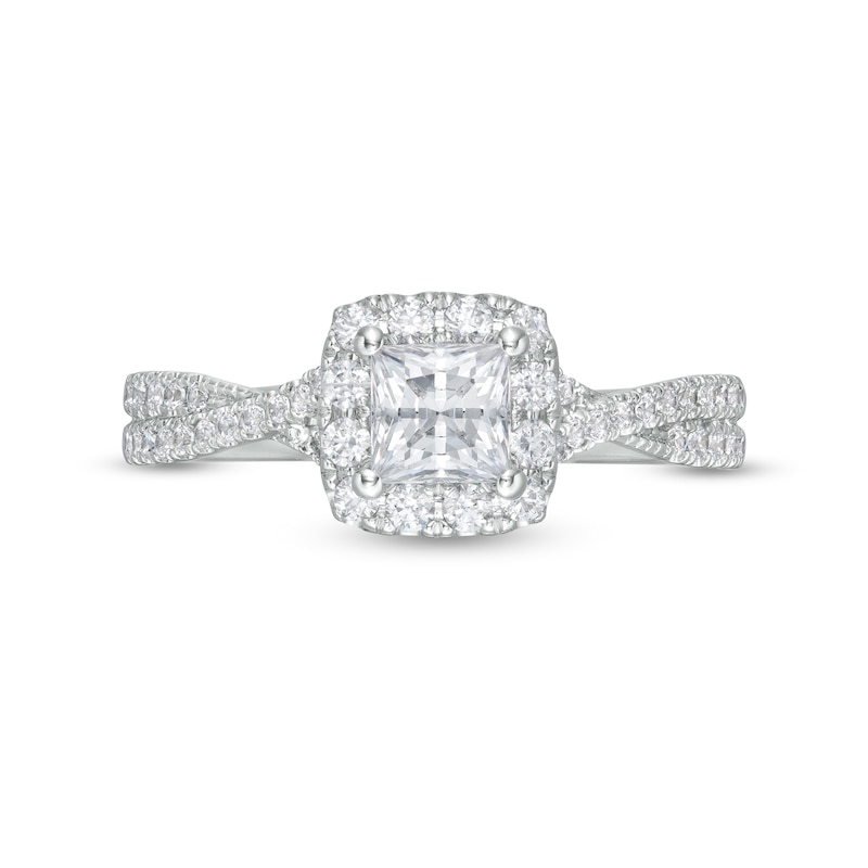 Main Image 4 of 1 CT. T.W. Certified Princess-Cut Diamond Frame Crossover Shank Engagement Ring in Platinum (I/SI2)