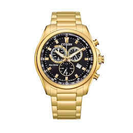 Men's Citizen Eco-Drive® Gold-Tone Chronograph Watch with Black Dial (Model: AT2132-53E)