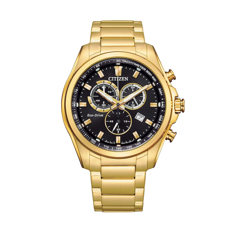 Main Image 1 of Men's Citizen Eco-Drive® Gold-Tone Chronograph Watch with Black Dial (Model: AT2132-53E)