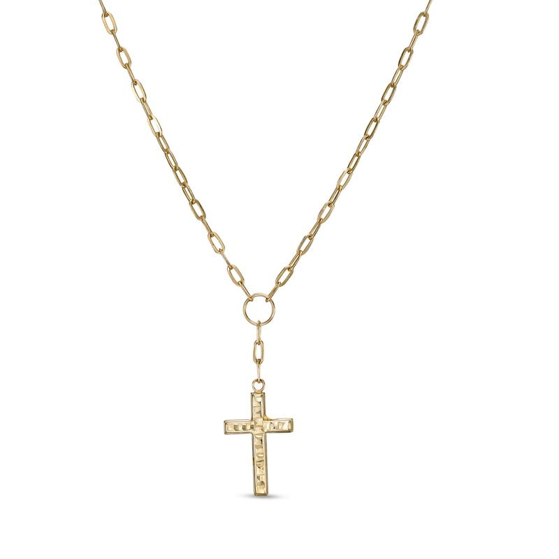 Main Image 1 of Diamond-Cut Cross Drop and Paper Clip Link "Y" Necklace in 10K Gold