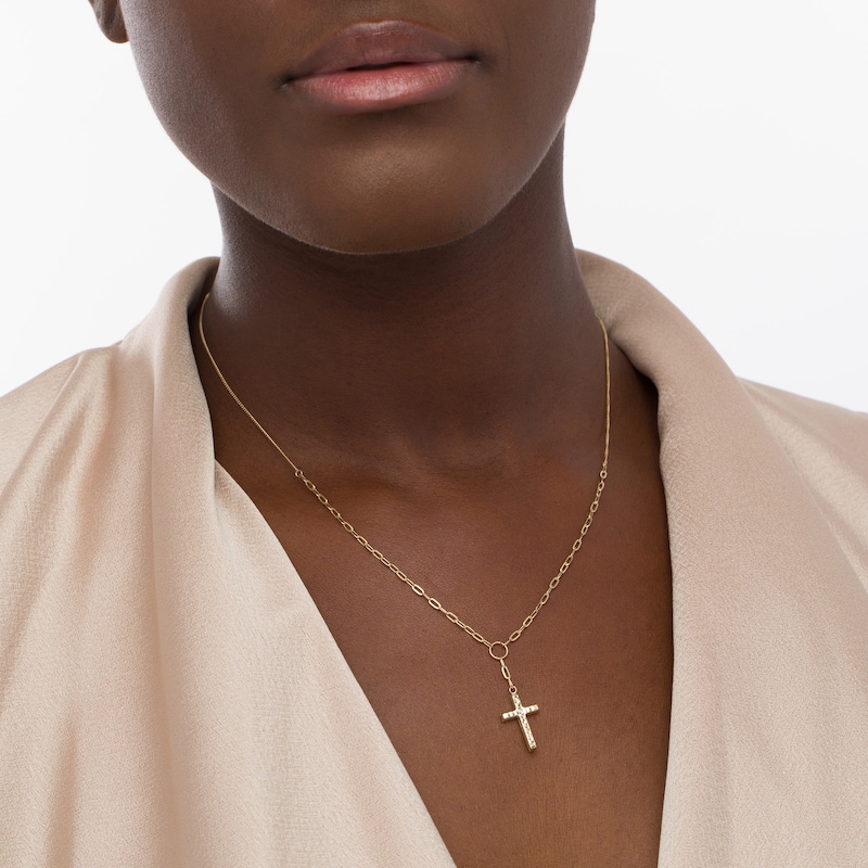 Main Image 2 of Diamond-Cut Cross Drop and Paper Clip Link "Y" Necklace in 10K Gold