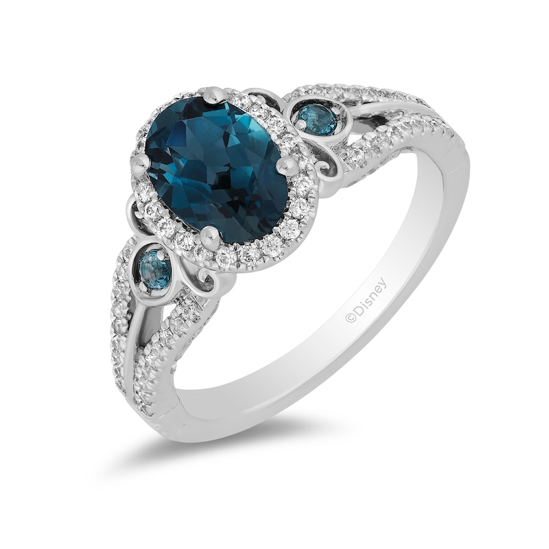 Main Image 1 of Enchanted Disney Cinderella Oval London Blue Topaz and 1/3 CT. T.W. Diamond Frame Engagement Ring in 14K White Gold