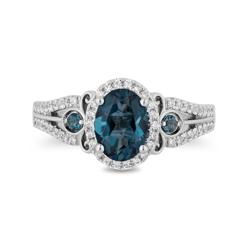 Main Image 4 of Enchanted Disney Cinderella Oval London Blue Topaz and 1/3 CT. T.W. Diamond Frame Engagement Ring in 14K White Gold