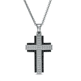Men's 1 CT. T.W. Black Enhanced and White Diamond Double Row Layered Cross Pendant in 10K White Gold - 22&quot;