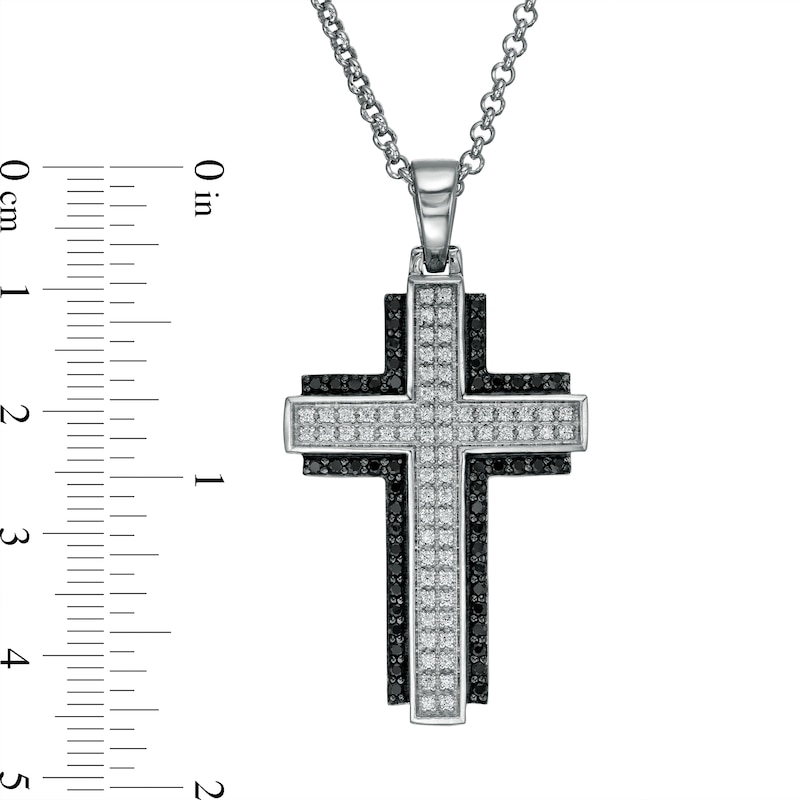 Men's 1 CT. T.W. Black Enhanced and White Diamond Double Row Layered Cross Pendant in 10K White Gold - 22"