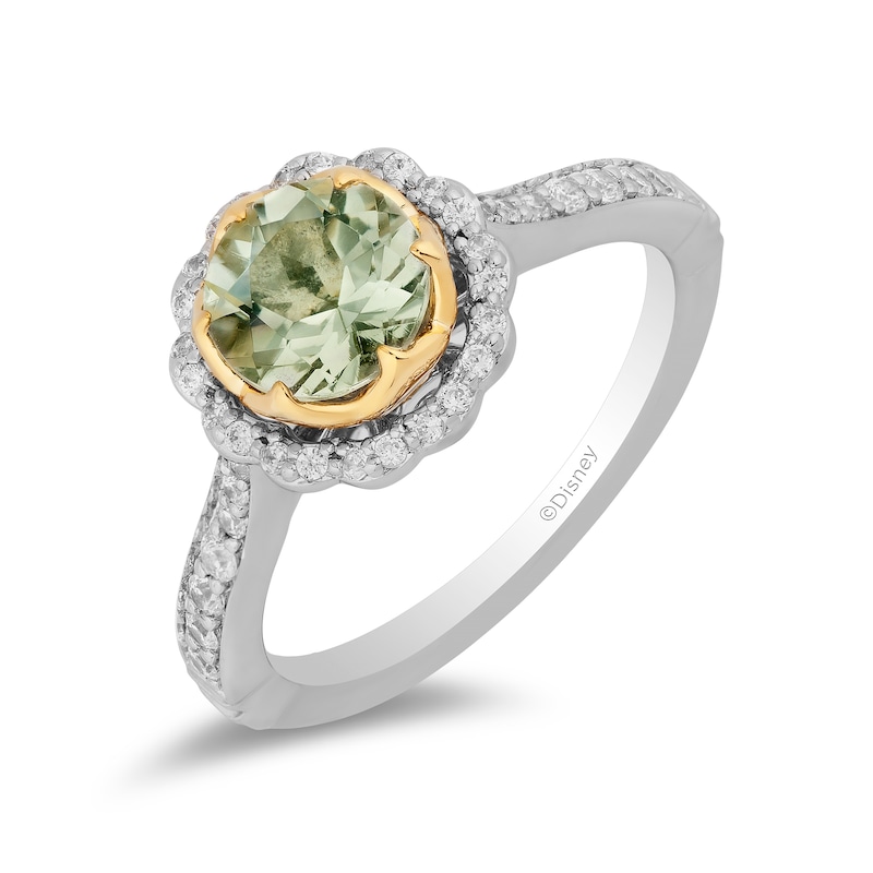 Main Image 1 of Enchanted Disney Tiana 7.0mm Green Quartz and 1/3 CT. T.W. Diamond Scallop Frame Engagement Ring in 14K Two-Tone Gold