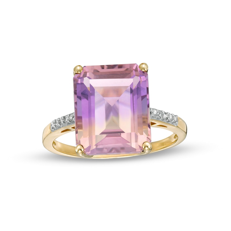 Main Image 1 of Emerald-Cut Ametrine and 1/20 CT. T.W. Diamond Ring in 10K Gold