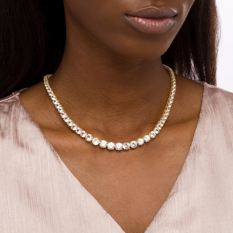 Main Image 2 of White Lab-Created Sapphire Graduated Tennis Necklace in 18K Gold Over Silver