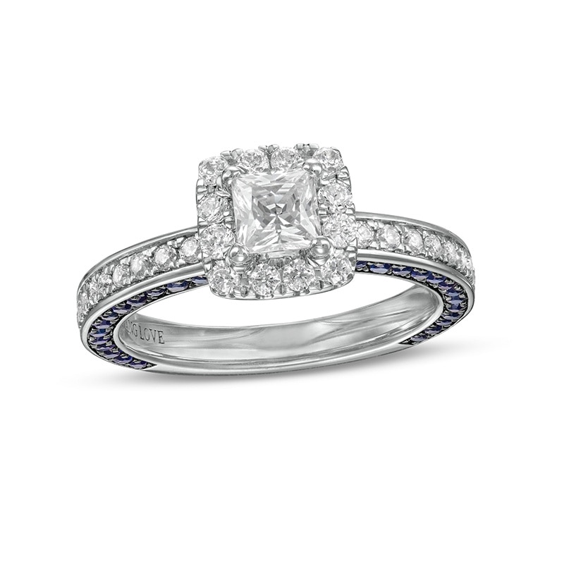 Main Image 1 of Vera Wang Love Collection Sapphire and 1 CT. T.W. Princess-Cut Diamond Frame Engagement Ring in 14K White Gold