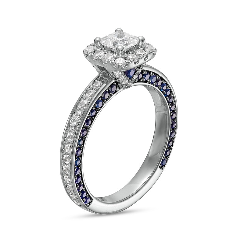 Vera Wang Love Collection Sapphire and 1 CT. T.W. Princess-Cut Diamond Frame Engagement Ring in 14K White Gold