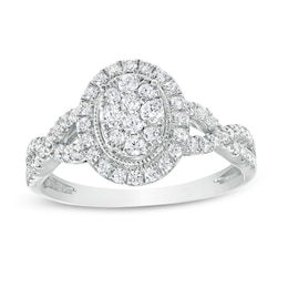 1/2 CT. T.W. Oval Multi-Diamond Frame Twist Shank Vintage-Style Engagement Ring in 10K White Gold