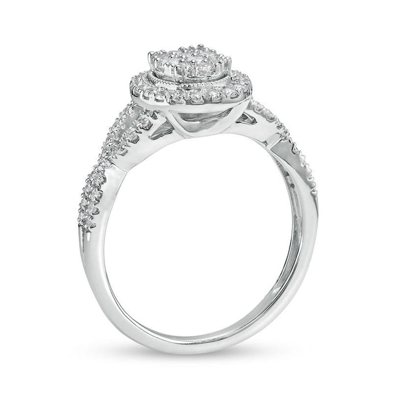 Main Image 3 of 1/2 CT. T.W. Oval Multi-Diamond Frame Twist Shank Vintage-Style Engagement Ring in 10K White Gold