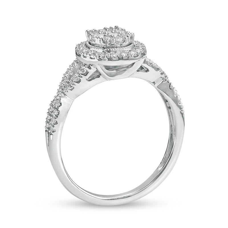 1/2 CT. T.W. Oval Multi-Diamond Frame Twist Shank Vintage-Style Engagement Ring in 10K White Gold