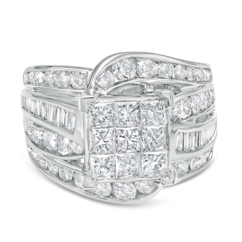 Main Image 4 of 3 CT. T.W. Princess-Cut Multi-Diamond Multi-Row Bypass Split Shank Engagement Ring in 14K White Gold