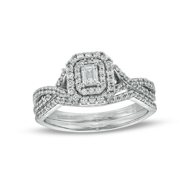 Main Image 1 of 5/8 CT. T.W. Emerald-Cut Diamond Frame Bridal Set in 10K White Gold (I/I1)