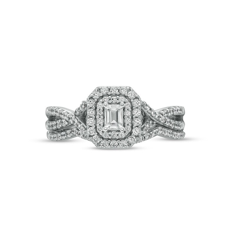 Main Image 4 of 5/8 CT. T.W. Emerald-Cut Diamond Frame Bridal Set in 10K White Gold (I/I1)