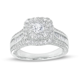 1-1/4 CT. T.W. Cushion-Shaped Multi-Diamond Frame Triple Row Engagement Ring in 14K White Gold