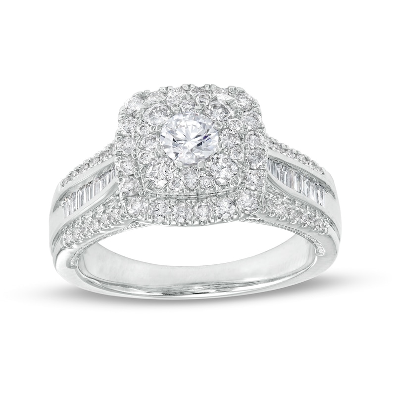 Main Image 1 of 1-1/4 CT. T.W. Cushion-Shaped Multi-Diamond Frame Triple Row Engagement Ring in 14K White Gold