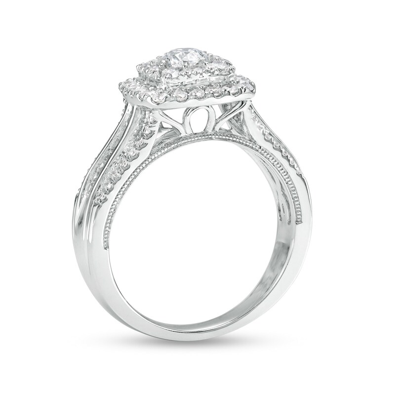 Main Image 3 of 1-1/4 CT. T.W. Cushion-Shaped Multi-Diamond Frame Triple Row Engagement Ring in 14K White Gold