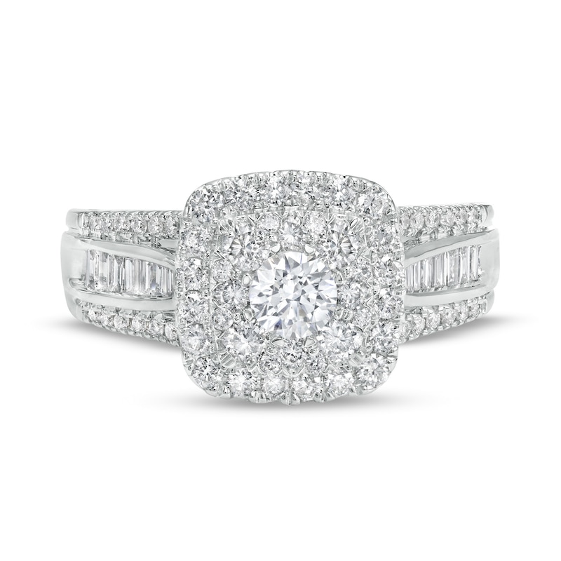 Main Image 4 of 1-1/4 CT. T.W. Cushion-Shaped Multi-Diamond Frame Triple Row Engagement Ring in 14K White Gold