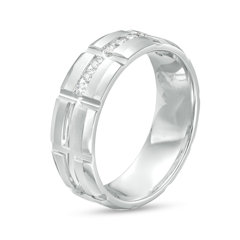 1/4 CT. T.W. Diamond Channel Brick Pattern Wedding Band in 10K White Gold - Size 10