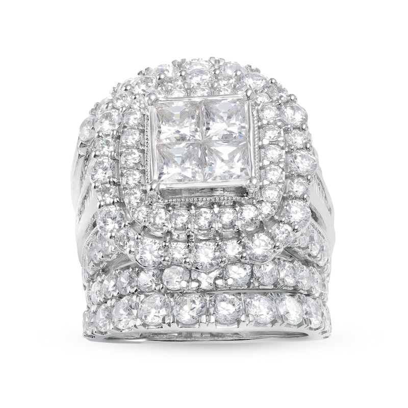 7 CT. T.W. Quad Princess-Cut Diamond Cushion-Shaped Frame Vintage-Style Three Piece Bridal Set in 14K White Gold