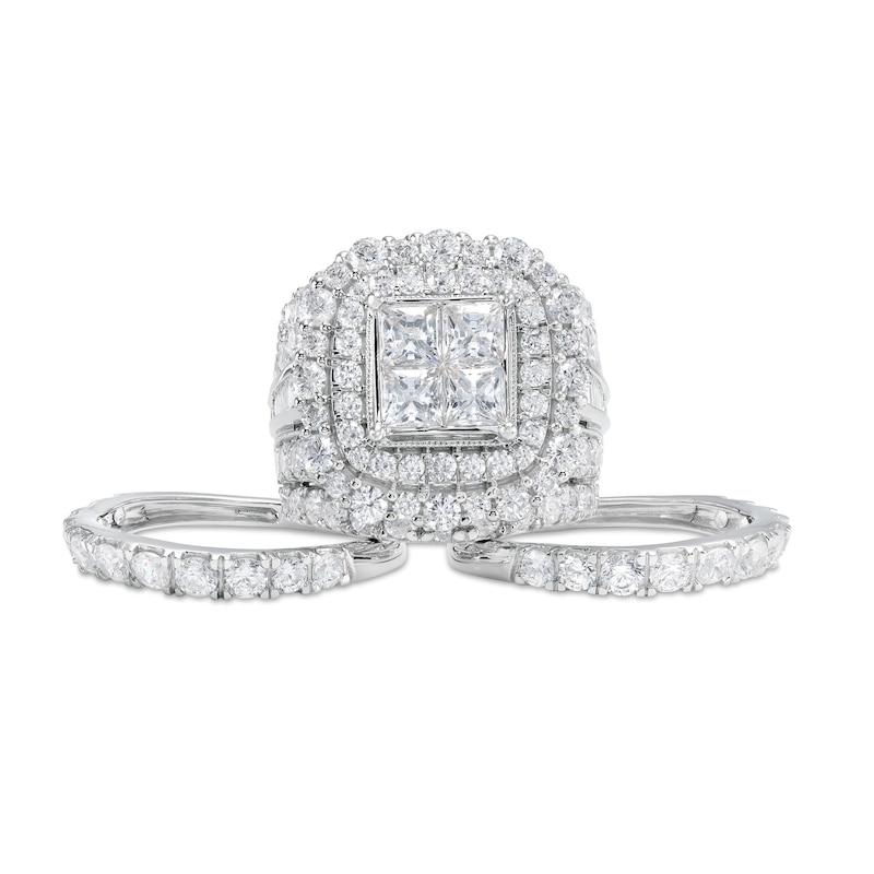 Main Image 4 of 7 CT. T.W. Quad Princess-Cut Diamond Cushion-Shaped Frame Vintage-Style Three Piece Bridal Set in 14K White Gold