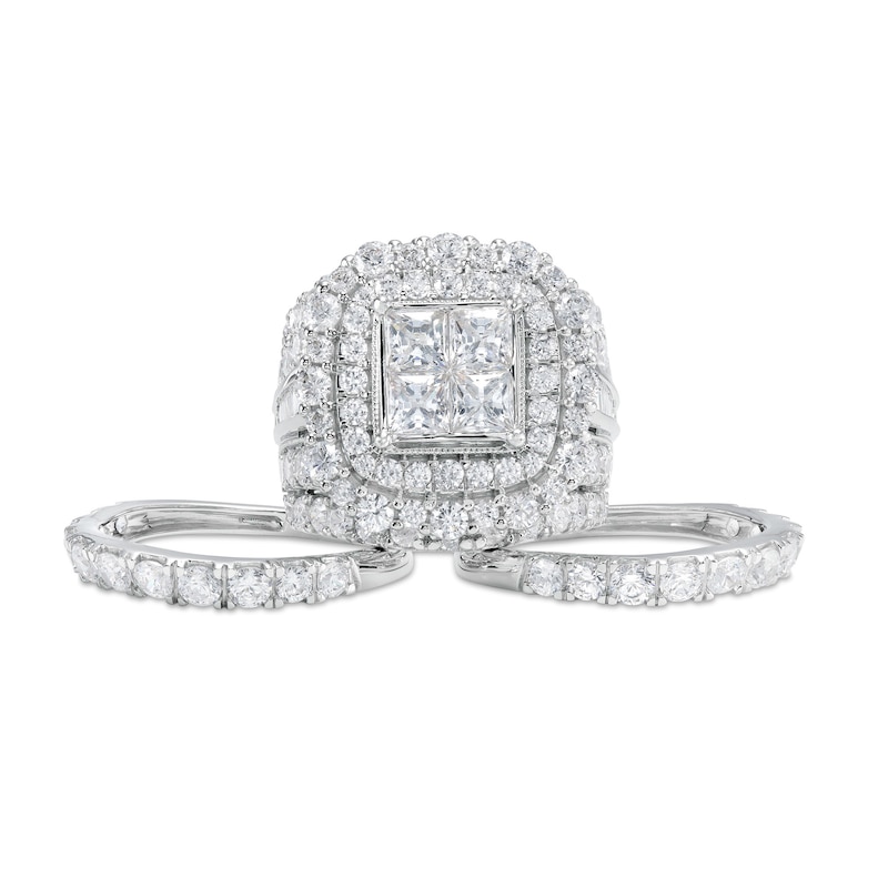 7 CT. T.W. Quad Princess-Cut Diamond Cushion-Shaped Frame Vintage-Style Three Piece Bridal Set in 14K White Gold