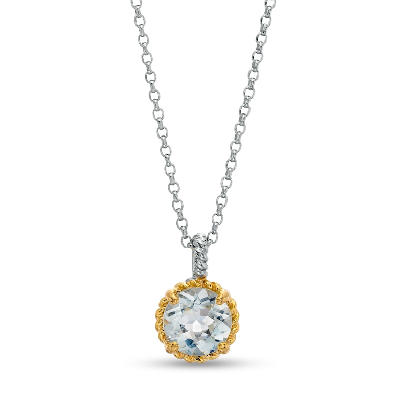 Main Image 1 of 7.0mm Aquamarine Solitaire Rope-Textured Frame and Drop Pendant in Sterling Silver and 10K Gold