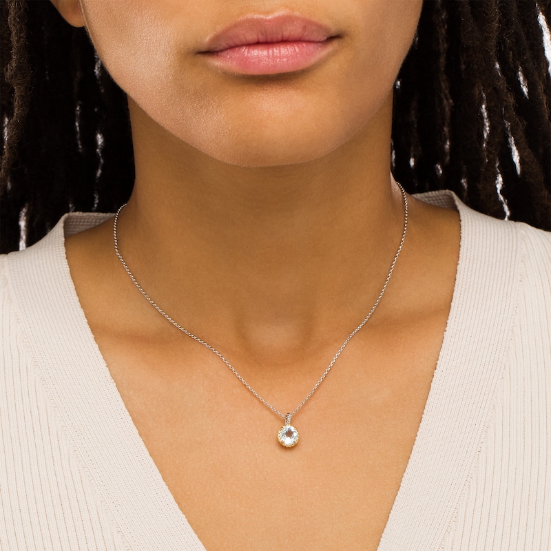 Main Image 2 of 7.0mm Aquamarine Solitaire Rope-Textured Frame and Drop Pendant in Sterling Silver and 10K Gold