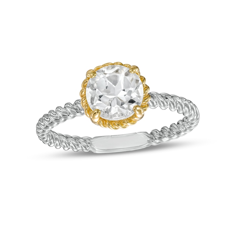 Main Image 1 of 7.0mm White Topaz Solitaire Rope-Textured Frame and Shank Ring in Sterling Silver and 10K Gold