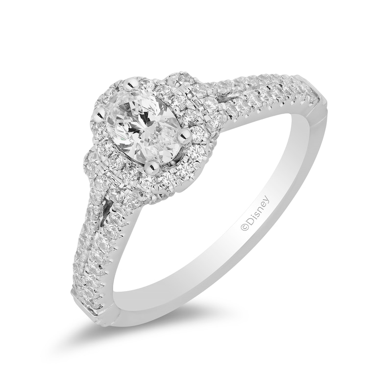 Main Image 1 of Enchanted Disney Mulan 1 CT. T.W. Oval Diamond Frame Split Shank Engagement Ring in 14K White Gold