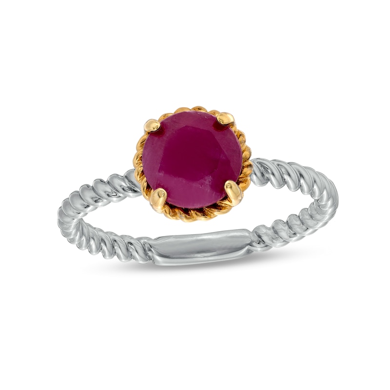 Main Image 1 of 7.0mm Ruby Solitaire Rope-Textured Frame and Shank Ring in Sterling Silver and 10K Gold