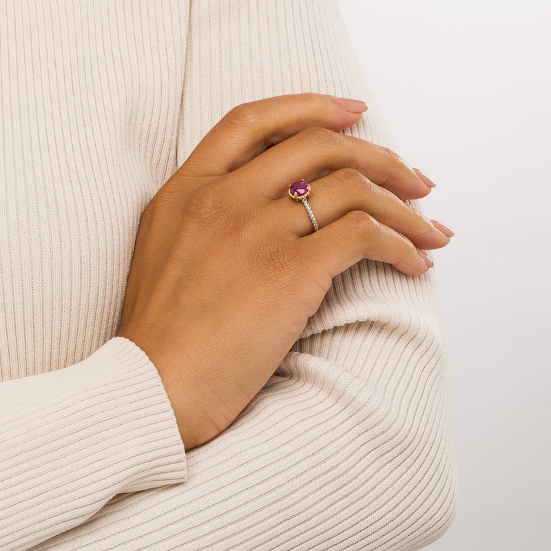 Main Image 2 of 7.0mm Ruby Solitaire Rope-Textured Frame and Shank Ring in Sterling Silver and 10K Gold