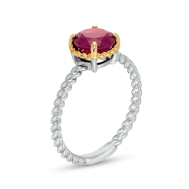 Main Image 3 of 7.0mm Ruby Solitaire Rope-Textured Frame and Shank Ring in Sterling Silver and 10K Gold