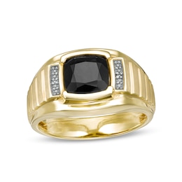 Men's 8.0mm Cushion-Cut Black Onyx and Diamond Accent Collar Multi-Finish Ribbed Shank Ring in 10K Gold