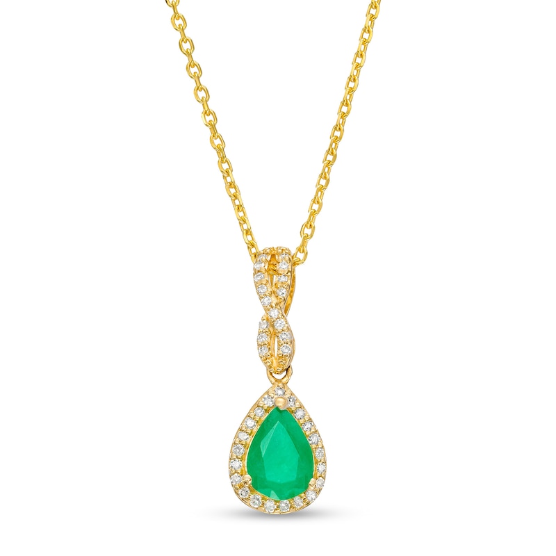 Main Image 1 of Pear-Shaped Emerald and 1/10 CT. T.W. Diamond Frame Twist Bail Pendant in 10K Gold