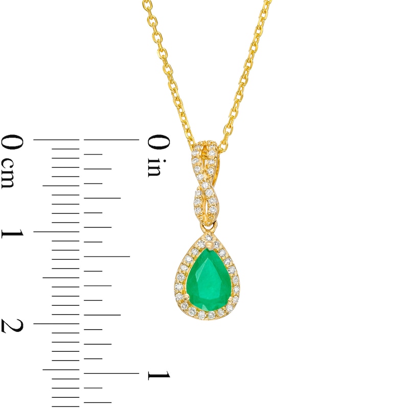 Main Image 4 of Pear-Shaped Emerald and 1/10 CT. T.W. Diamond Frame Twist Bail Pendant in 10K Gold
