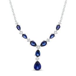 Pear-Shaped Blue and White Lab-Created Sapphire Alternating Teardrop &quot;Y&quot; Necklace in Sterling Silver