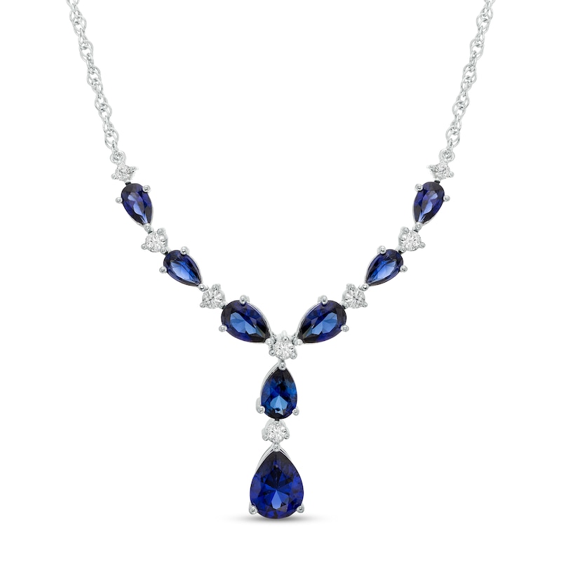Pear-Shaped Blue and White Lab-Created Sapphire Alternating Teardrop "Y" Necklace in Sterling Silver