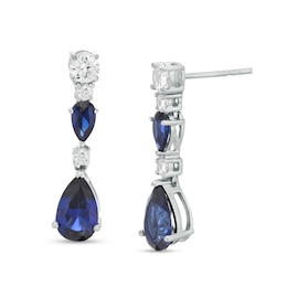 Pear-Shaped Blue and White Lab-Created Sapphire Triple Drop Earrings in Sterling Silver