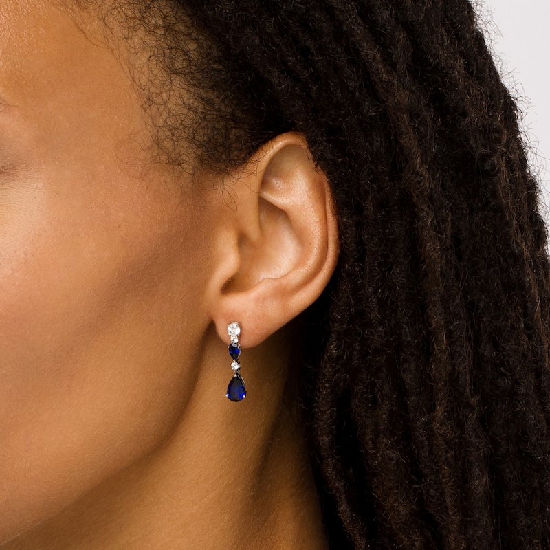 Main Image 2 of Pear-Shaped Blue and White Lab-Created Sapphire Triple Drop Earrings in Sterling Silver