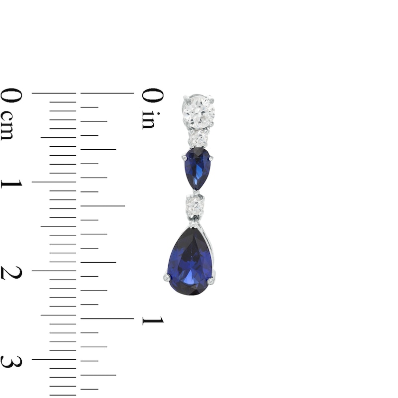 Main Image 3 of Pear-Shaped Blue and White Lab-Created Sapphire Triple Drop Earrings in Sterling Silver