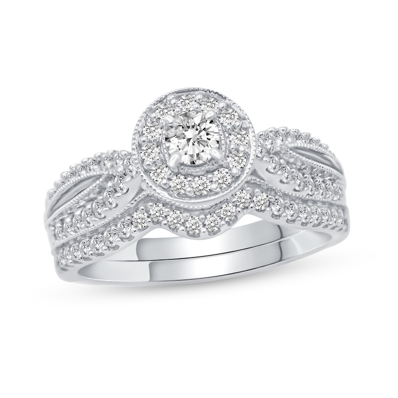 Main Image 1 of 1/2 CT. T.W. Diamond Frame Split Shank Bridal Set in 10K White Gold