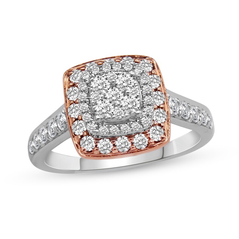 Main Image 1 of 3/4 CT. T.W. Diamond Triple Cushion-Shaped Frame Engagement Ring in 14K Two-Tone Gold