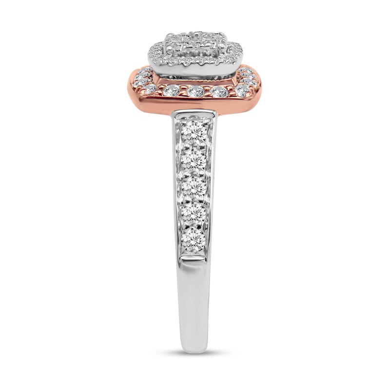 Main Image 4 of 3/4 CT. T.W. Diamond Triple Cushion-Shaped Frame Engagement Ring in 14K Two-Tone Gold
