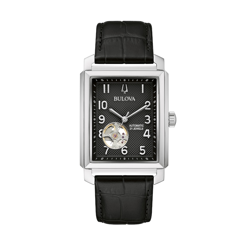 Main Image 1 of Men's Bulova Sutton Automatic Strap Watch with Rectangular Black Skeleton Dial (Model: 96A269)