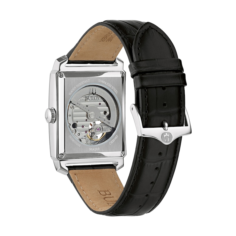 Main Image 3 of Men's Bulova Sutton Automatic Strap Watch with Rectangular Black Skeleton Dial (Model: 96A269)