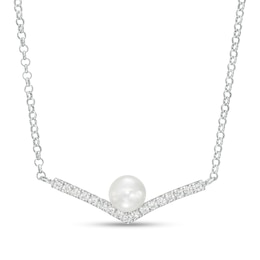 5.0mm Button Cultured Freshwater Pearl and White Lab-Created Sapphire Chevron Necklace in Sterling Silver